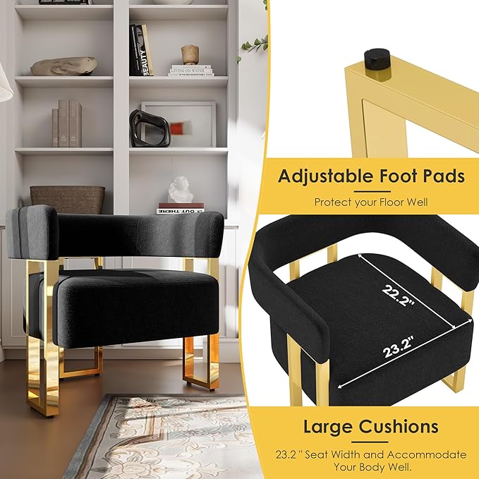 STHOUYN Modern Black Boucle Dining Chairs Set of 2 with Gold Metal Legs, Mid Century Barrel Kitchen Chairs Set, Upholstered Accent Armchairs Dining Room Set, Living Room, Apartment (Black, 2pcs)