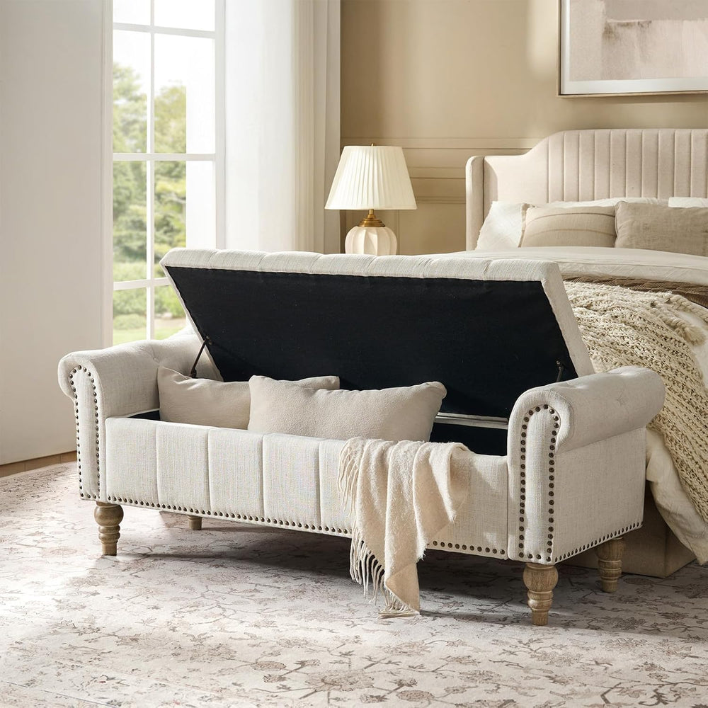 HULALA HOME Farmhouse Upholstered Storage Bench, End of Bed Bench with Vintag...