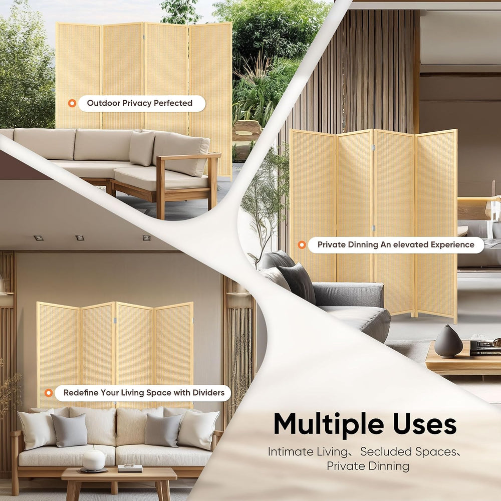 JOSTYLE Room Divider 4 Panel Folding Privacy Screen, Woven Bamboo, Wooden