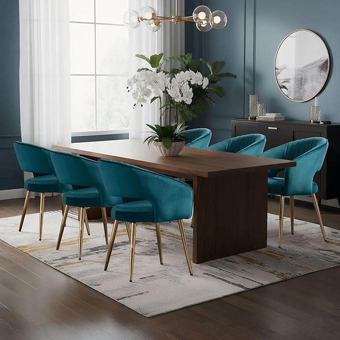 Teal Velvet Dining Chairs Gold Legs, Modern Dining Room Chairs with Arms Set of 6 Upholstered Accent Chair Armchair with Barrel Back for Kitchen Living Room