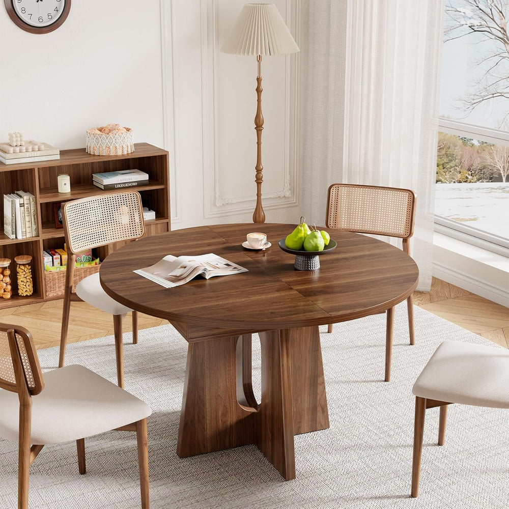 Epecoya 59-Inch Extendable Round to Oval Pedestal Dining Table, Farmhouse Woo...
