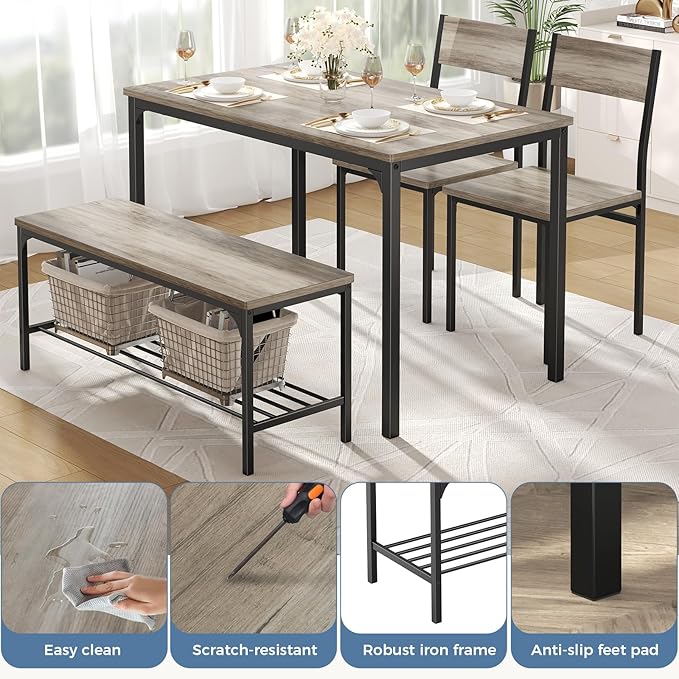 DUMOS Dining Table Set, Dining Table for 4 with Bench, Kitchen Table, Space-Saving Ideal 4-Person Set for Dining Room Kitchen Apartment Corner Grey 4 Pack
