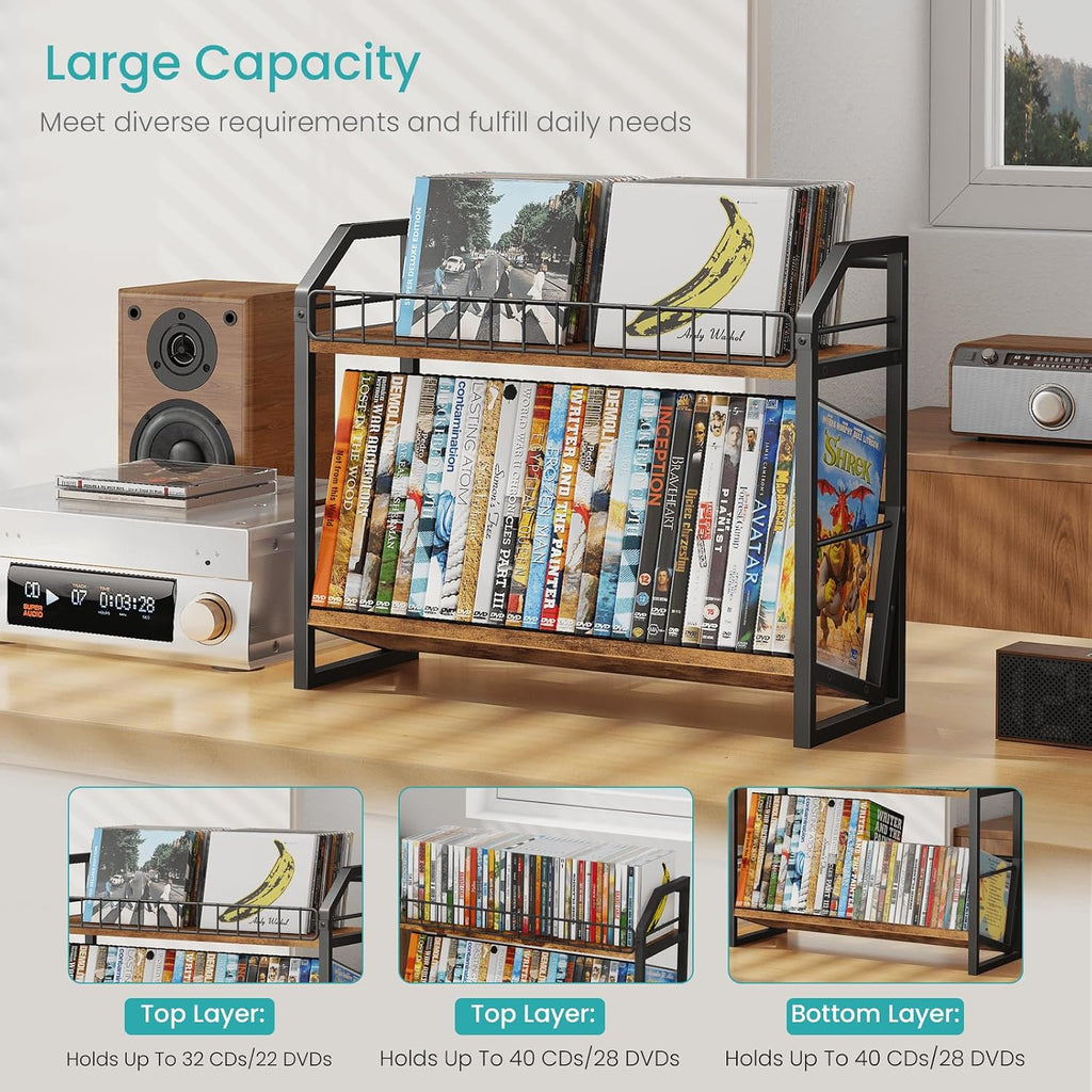 ELITEROO 2 Tier CD Holder, Wooden DVD Storage Rack, Tilting CD Organizer Tower for Display, CD Case Shelf Holds Up to Standard 80 CDs or 56 DVDs, Desktop DVD Stand for Music Enthusiasts, Rustic Brown
