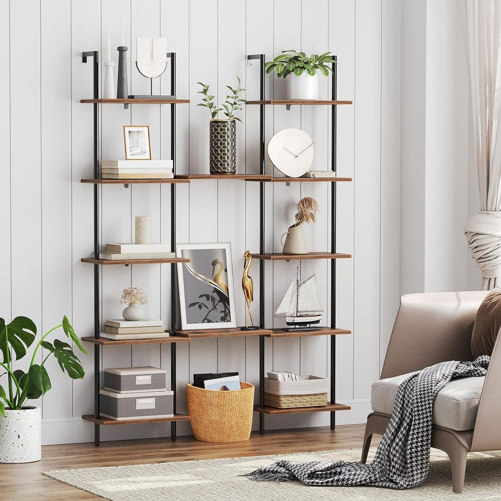 HOOBRO DIY Ladder Shelf, 6-Tier Wooden Wall Mounted Bookshelf, Narrow Bookcas...