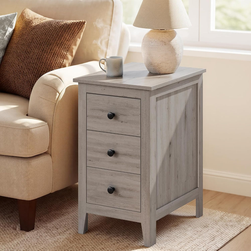 VASAGLE Liry Collection-Farmhouse Side End Table with 3 Drawers, Slim Nightst...