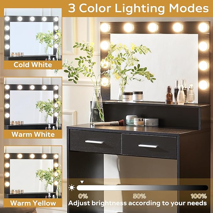 Vanity Desk with Mirror and Lights, Dressing Table with Large Drawer, 2 Level Storage Dresser & 3 Lighting Modes Adjustable Brightness, Suitable for Bedroom