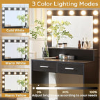 Vanity Desk with Mirror and Lights, Dressing Table with Large Drawer, 2 Level Storage Dresser & 3 Lighting Modes Adjustable Brightness, Suitable for Bedroom