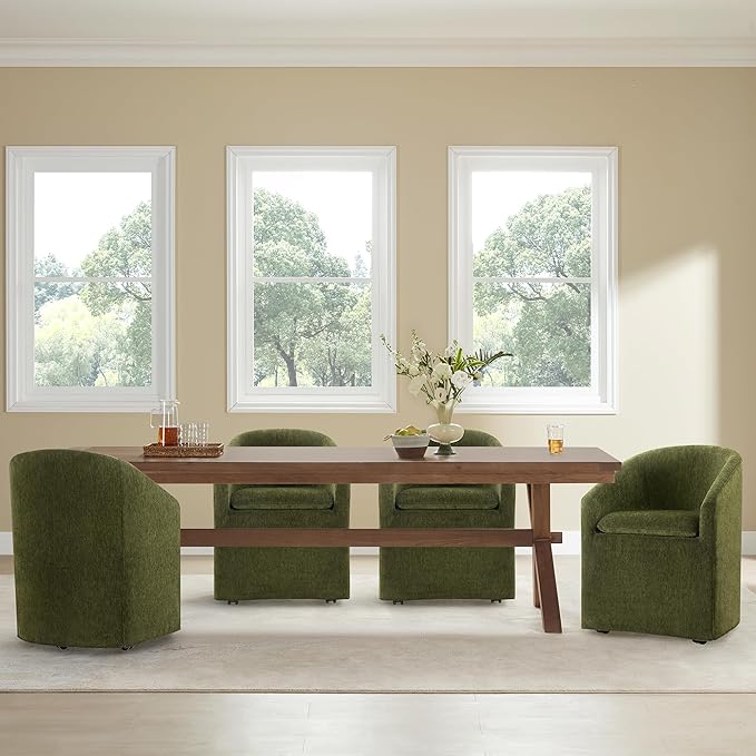 Upholstered Dining Chairs with Casters, Washable Cover Modern Dining Room Chairs with Barrel Backrest & Armrest, Vanity Chair with Wheels for Kitchen, Living Room, Bedroom, Green Fabric, 1PCS