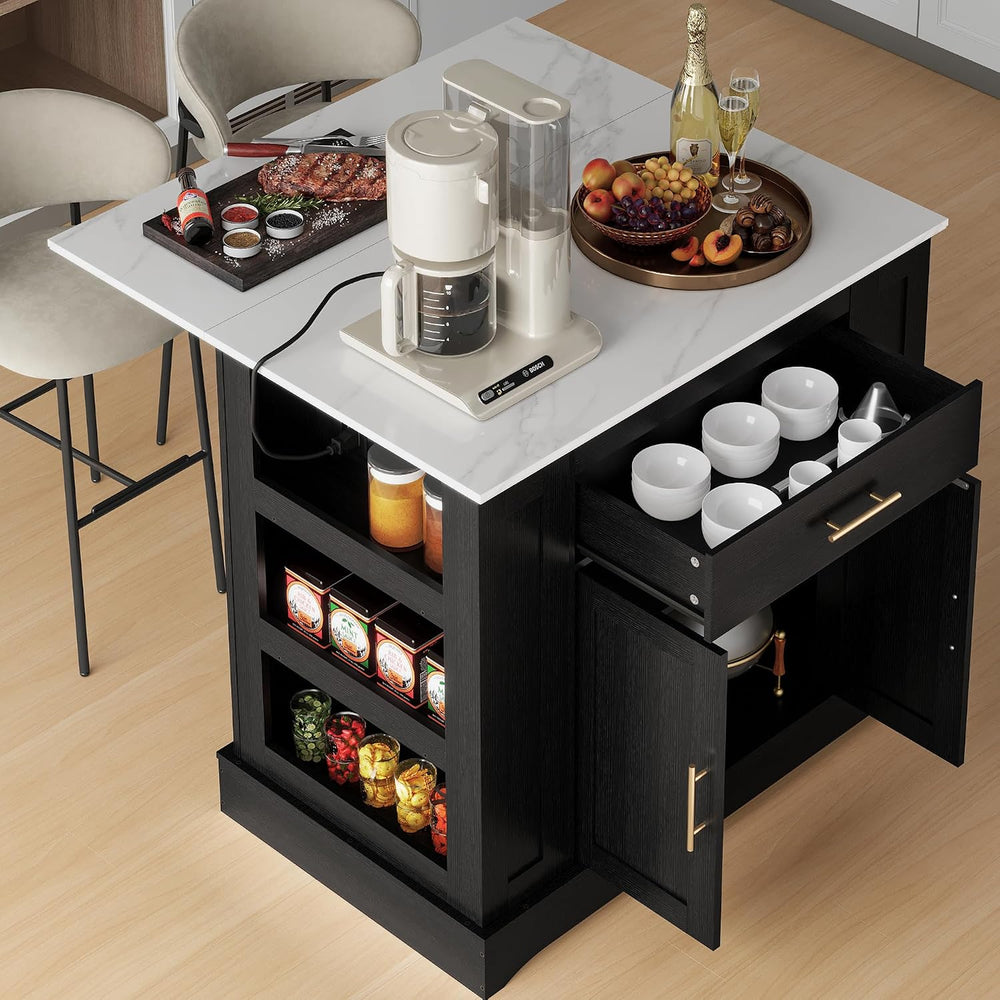 FUSUNBAO Large Kitchen Island with Storage, Drop Leaf & Outlet,Black | Po...