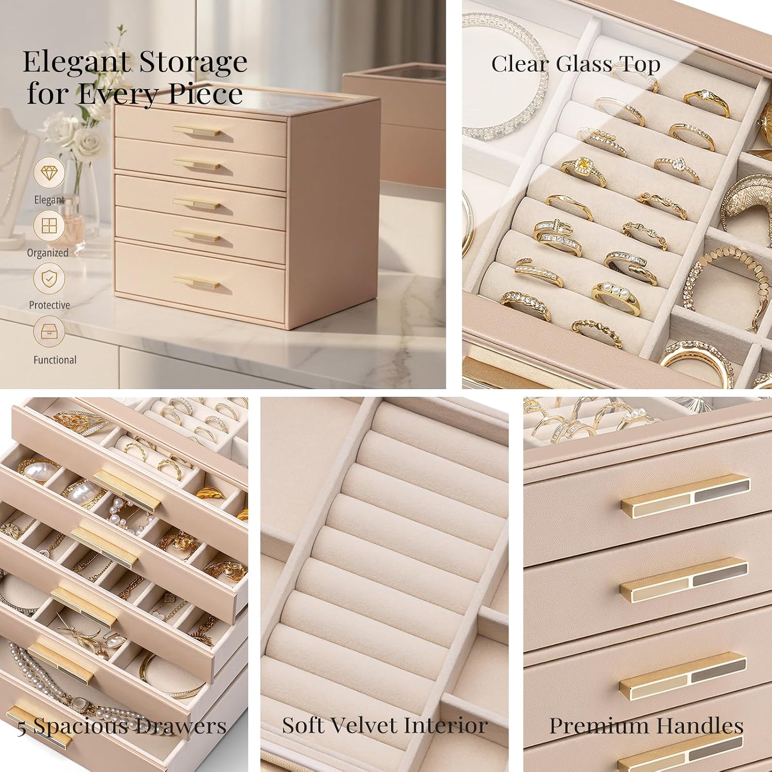 VLANDO 5-Drawer Jewelry Box with Glass Lid, Faux Leather Organizer for Rings Earrings Necklaces and More, Gift-Ready Jewelry Case for Women Girls or Moms, Latte