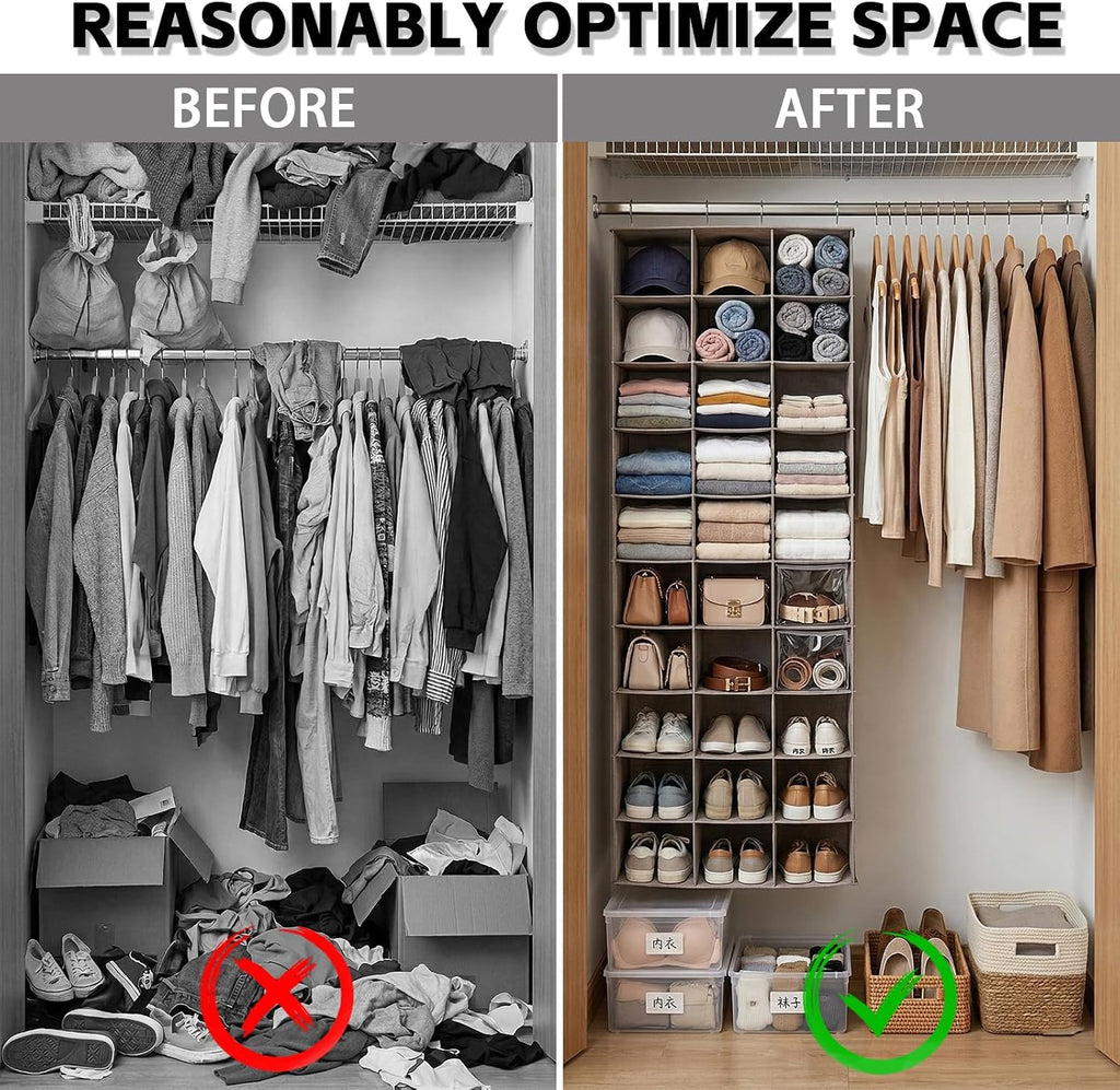 30 Section Hanging Shoe Organizer with Side Pockets, Grey | Hanging Closet Organizer and Storage for Wardrobe, Dorm, Bedroom, Space Saving Foldable Clothes Shelf with Sturdy Hooks