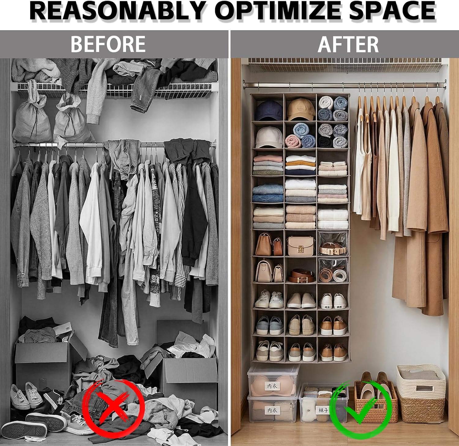 30 Section Hanging Shoe Organizer with Side Pockets, Grey | Hanging Closet Organizer and Storage for Wardrobe, Dorm, Bedroom, Space Saving Foldable Clothes Shelf with Sturdy Hooks