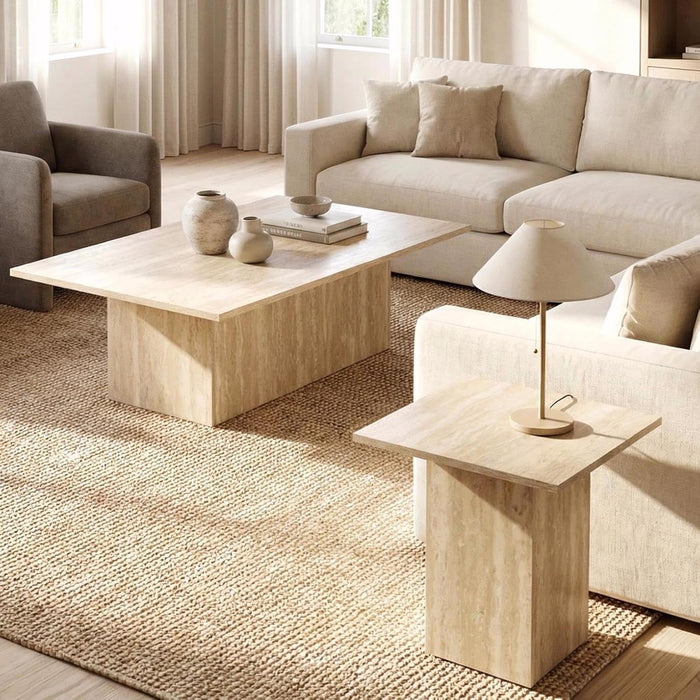 HNY Modern Beige Coffee Table and End Table Set of 2 Faux Travertine