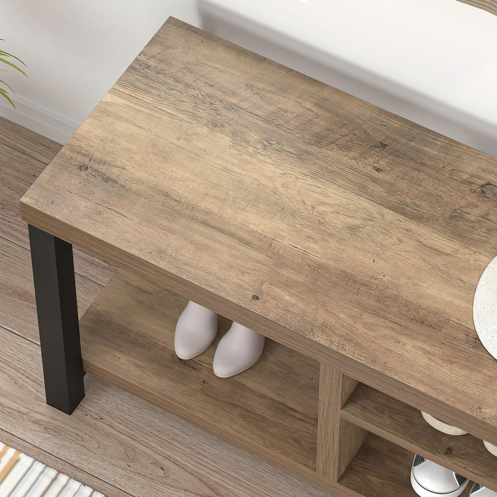 FOLUBAN Shoe Bench for Entryway, Wood and Metal Indoor Bench with Shoe Storag...