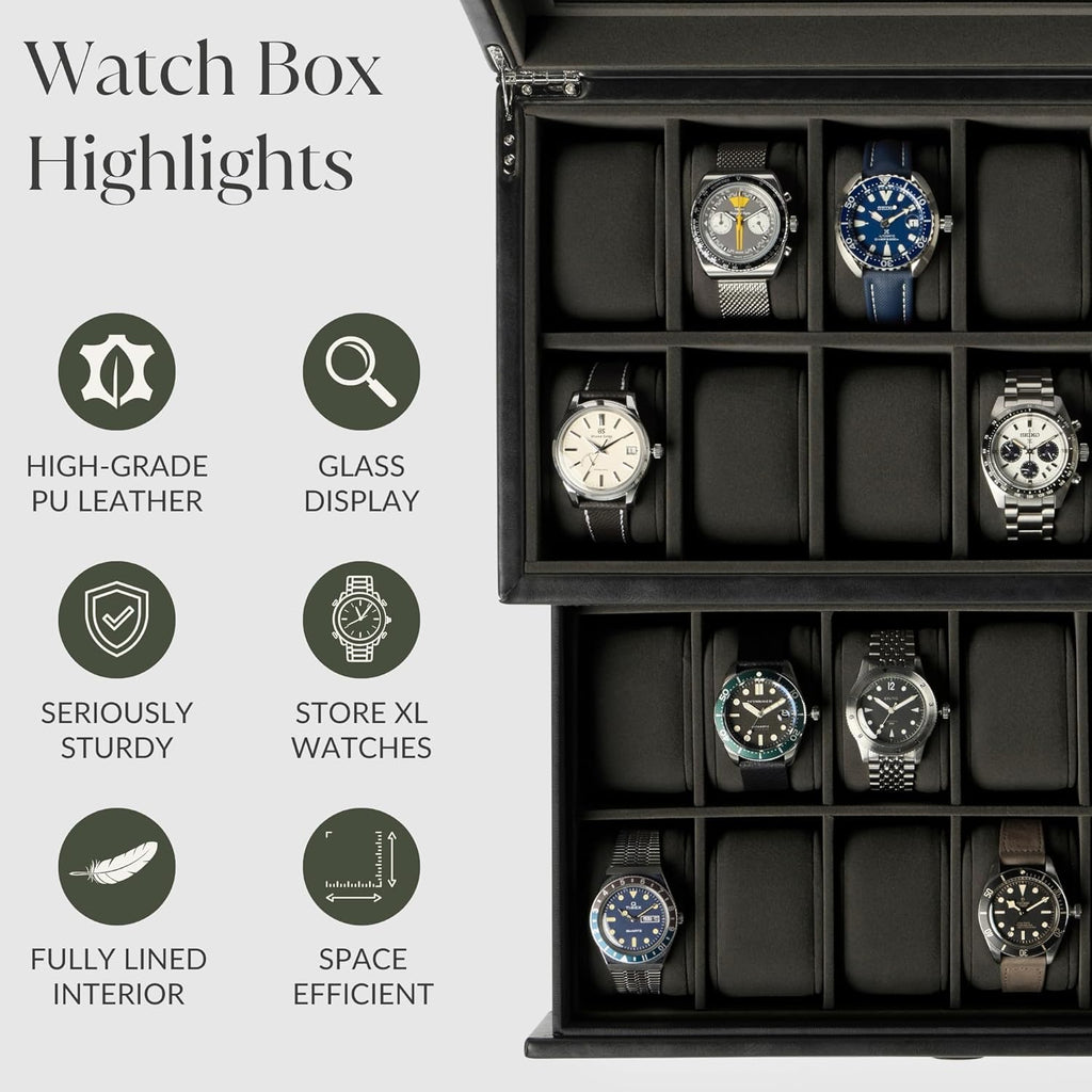 TAWBURY Watch Box for Men - Extra Large 24 Slot Watch Case with Real Glass Display, Removable Drawer and 2-inch Wide Pillows for Large Watches (Black/Charcoal)