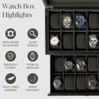 TAWBURY Watch Box for Men - Extra Large 24 Slot Watch Case with Real Glass Display, Removable Drawer and 2-inch Wide Pillows for Large Watches (Black/Charcoal)