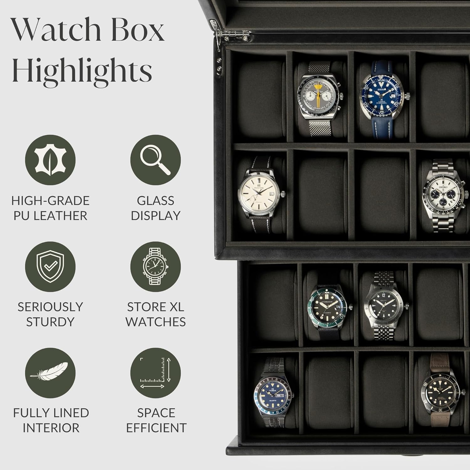 TAWBURY Watch Box for Men - Extra Large 24 Slot Watch Case with Real Glass Display, Removable Drawer and 2-inch Wide Pillows for Large Watches (Black/Charcoal)