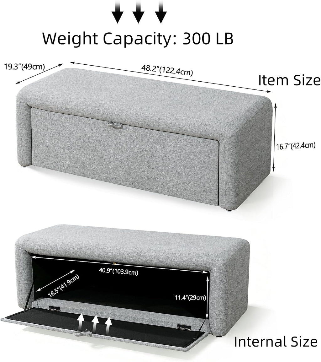 Homebeez 48" Storage Ottoman Bench with Side Opening, Large Storage Bench for Bedroom End of Bed, No Assembly Ottoman Foot Rest, Upholstered Entryway Bench for Living Room, Light Gray