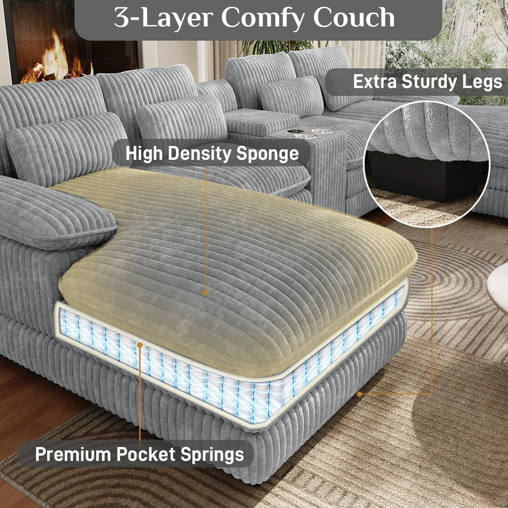 132" U Shaped Cloud Couch Sectional,Fluffy Plush 4 Seat Corduroy Sectional Couches for Living Room,Comfy Corduroy Sofa with Double Chaise Lounge, Storage Console, Cup Holders, USB Port（Grey）