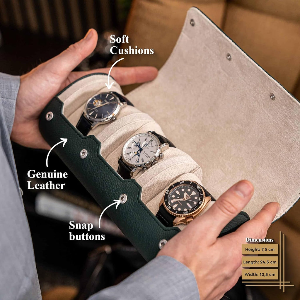 DailyWatch | Watch Roll Travel Case For 2 Watch | Luxury Watch Case In Genuine Leather With Soft Velvet Interior | Watch Case Protect, Store, & Display Your Watches | Dark Green Litchi