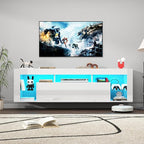 63" Floating High Gloss LED TV Stand for 75" TVs, Wall-Mounted Entertainment Center, Modern Media Console with Open Adjustable Glass Shelf and Hidden Storage Cabinet, White