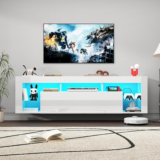 63" Floating High Gloss LED TV Stand for 75" TVs, Wall-Mounted Entertainment Center, Modern Media Console with Open Adjustable Glass Shelf and Hidden Storage Cabinet, White