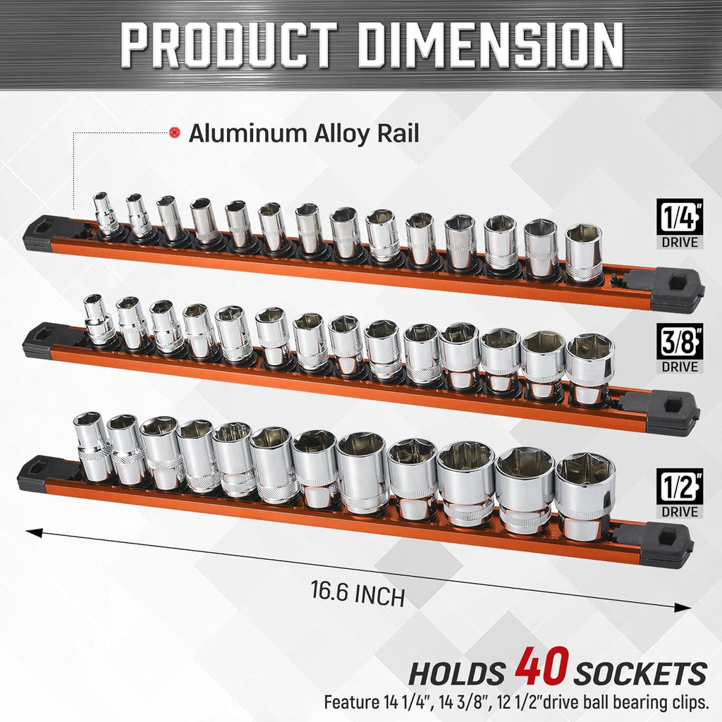 ALOANES 3-Piece Magnetic Rail Organizer, Heavy Duty Aluminum Rails, 360 Swivel Clips Socket Holder Kit for Tool Box, 1/2, 3/8, 1/4-Inch Socket Holder x 40 Clips (Orange)