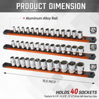 ALOANES 3-Piece Magnetic Rail Organizer, Heavy Duty Aluminum Rails, 360 Swivel Clips Socket Holder Kit for Tool Box, 1/2, 3/8, 1/4-Inch Socket Holder x 40 Clips (Orange)