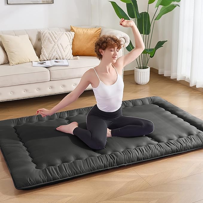 Japanese Floor Futon Mattress Full Size, 25D High Density Support Foam, 4" Thicken Foldable Mattress Tatami Mat Sleeping Pad Suitable for Camping, Guest Room, Black 54"x 80"