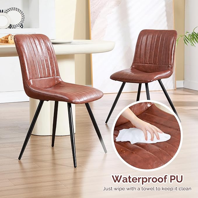 Dining Chairs Set of 6, Modern Dining Chairs with Thick Cushions, PU Leather Upholstered Kitchen Dining Room Chairs with Metal Legs for Dining Living Room (Reddish Brown)