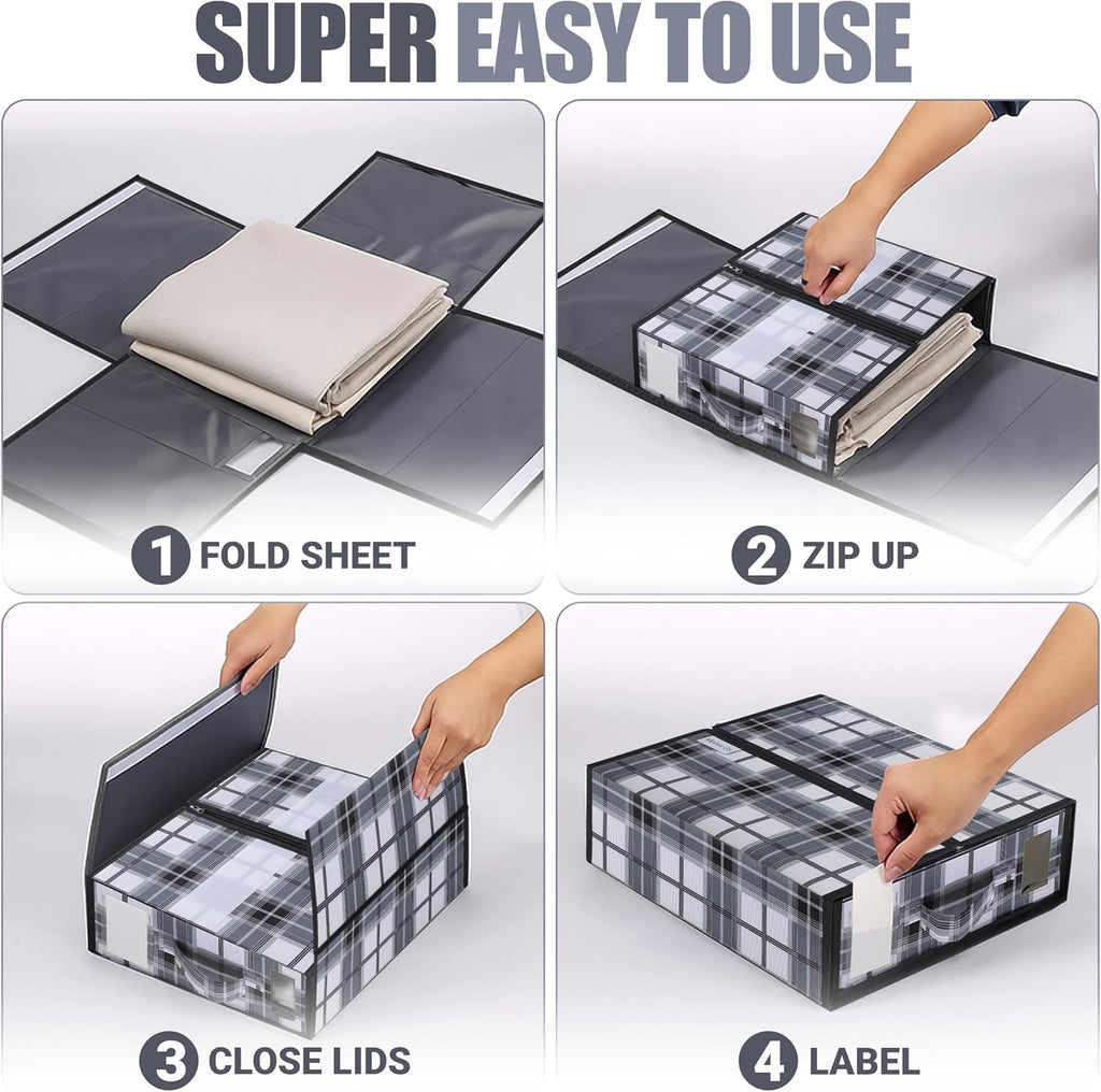 4 Pack Bed Sheet Organizer and Storage with Zipper – Linen Closet Organizers for Full, King, Queen & Twin Sheet Sets, Bedding Storage for Blankets and Duvet Covers, Black