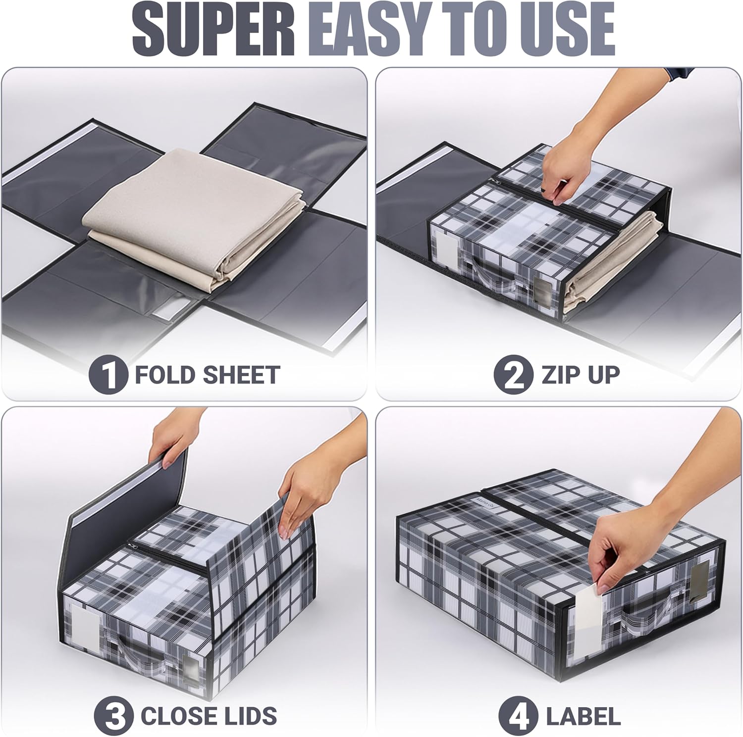 4 Pack Bed Sheet Organizer and Storage with Zipper – Linen Closet Organizers for Full, King, Queen & Twin Sheet Sets, Bedding Storage for Blankets and Duvet Covers, Black