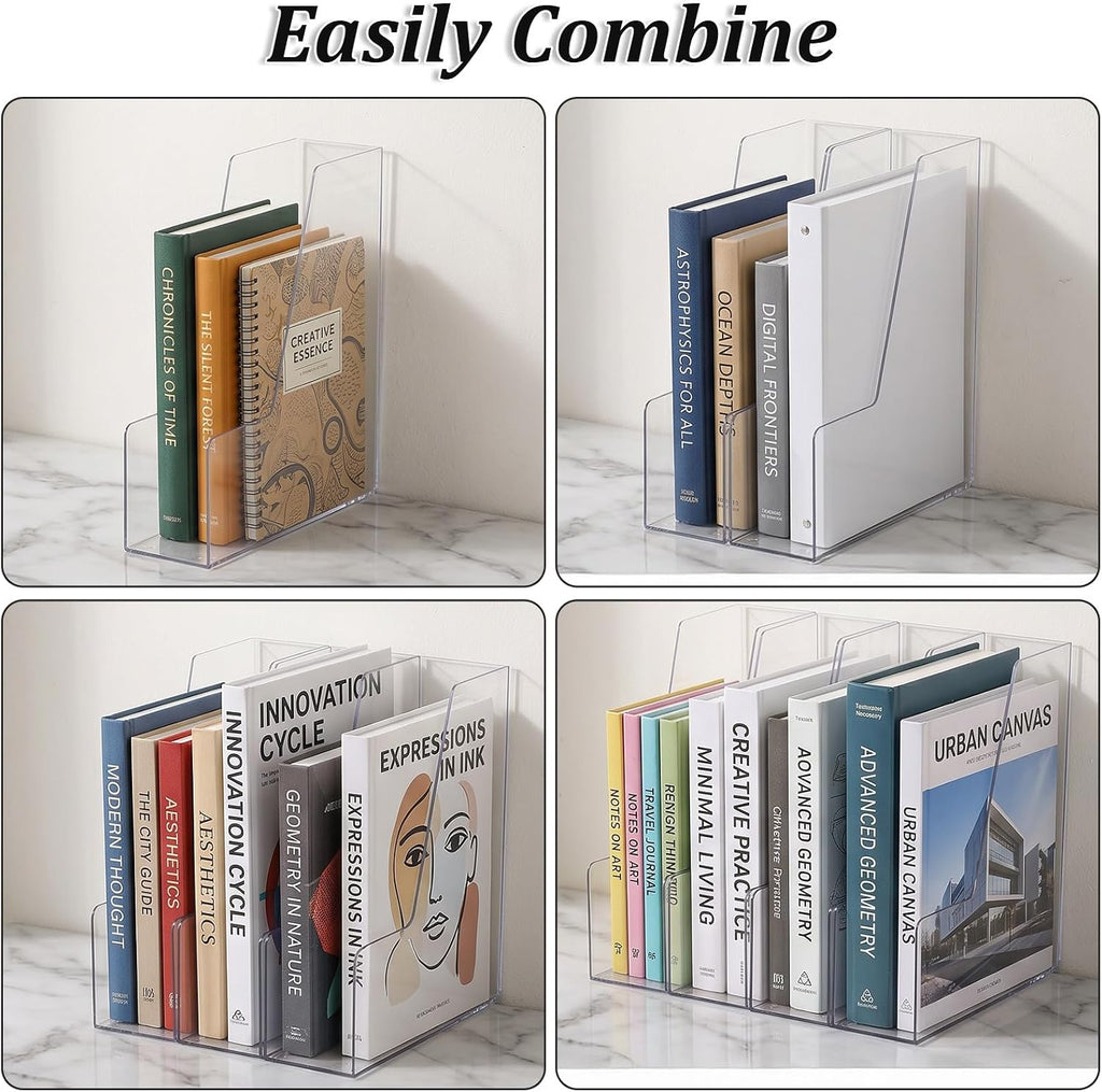2 PCS Vertical File Holder, Clear Acrylic Desk Organizer for Office, Acrylic Magazine File Holder Rack, Plastic Document Storage Bins for Magazines, Binders, Notebooks & Envelopes, Space Saving for Ho