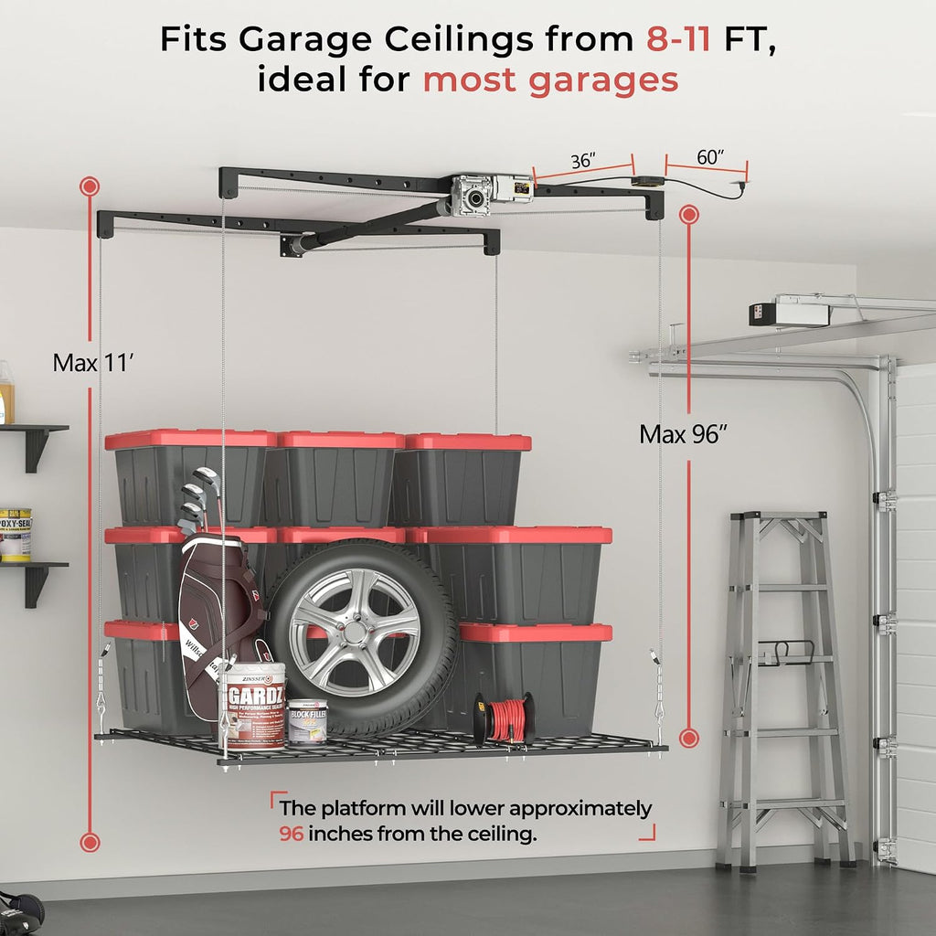 Motorized Garage Ceiling Storage Racks with Remote Control, 4x4 FT Overhead Garage Storage Rack, Heavy-Duty Lift Storage System, Space-Saving Hanging Shelves, 250 Lbs Capacity