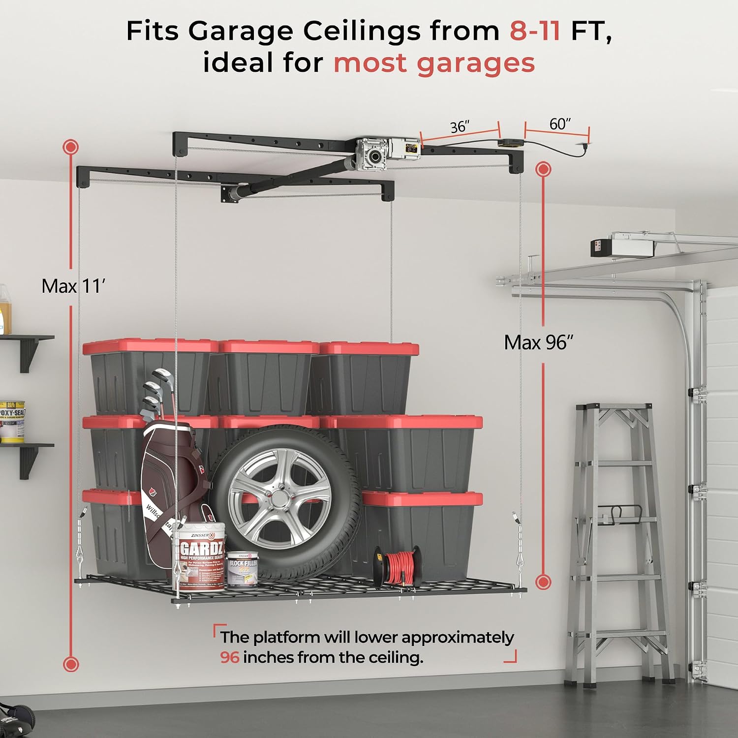 Motorized Garage Ceiling Storage Racks with Remote Control, 4x4 FT Overhead Garage Storage Rack, Heavy-Duty Lift Storage System, Space-Saving Hanging Shelves, 250 Lbs Capacity