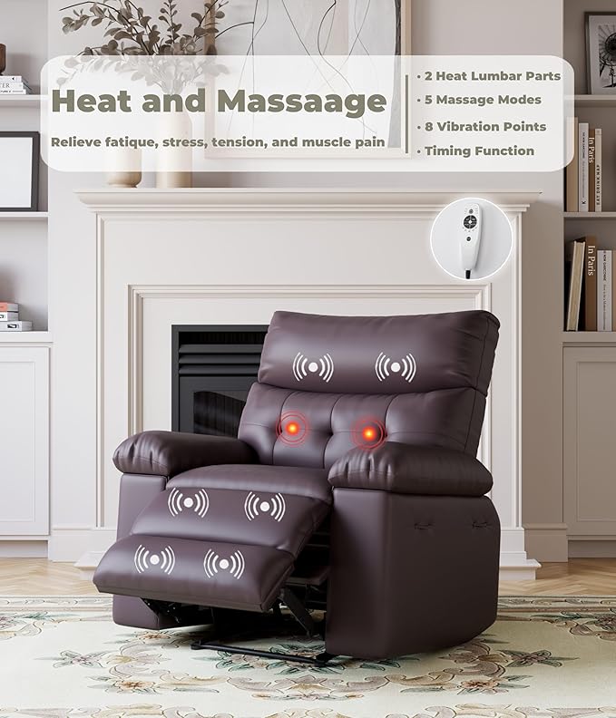 GarveeHome Oversized Wide Recliner Chair - Heat and Massage, PU Leather Extra Wide Manual Recliner for Adults, Large Lazy Chair with 1.5X Sponge Comfort Arm and Back for Living Room, Bedroom
