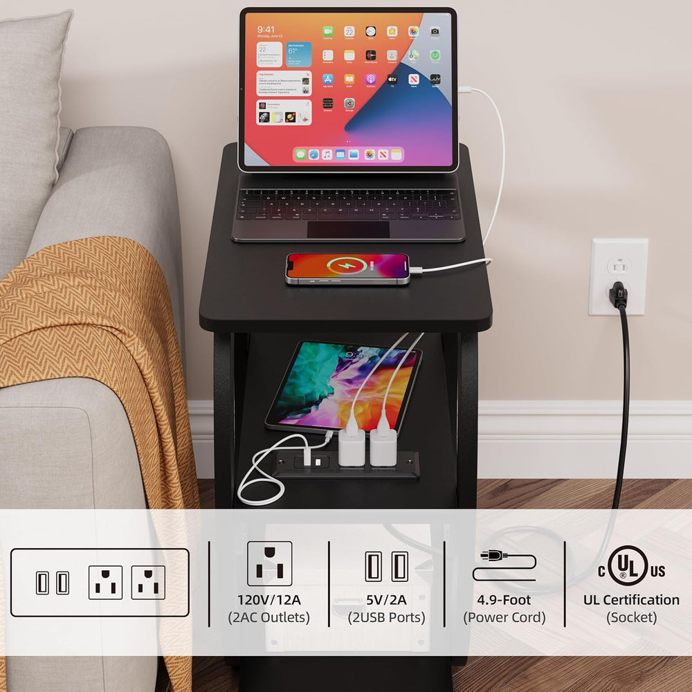 End Table Set of 2 with Charging Station, Black Side Table with USB Ports and...