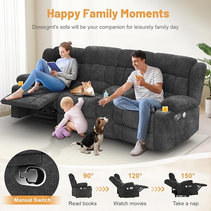Recliner Sofa with Storage Console, Flip Middle Backrest Design 3 Seat Reclining Sofa with Storage Drawer, USB Ports & Cup Holders, Manual Couch for Living Room (Gray, 3 Seater + Console)