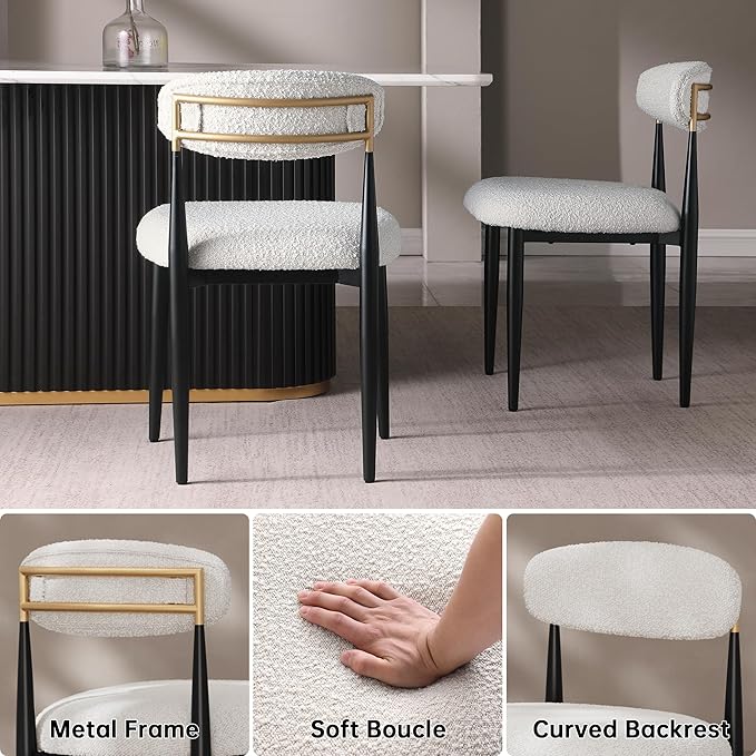 Morden Fort Modern Dining Chairs Set of 6, White Armless Chairs with Curved Backrest and Black Metal Legs for Dining Room, Kitchen, Living Room and Reception