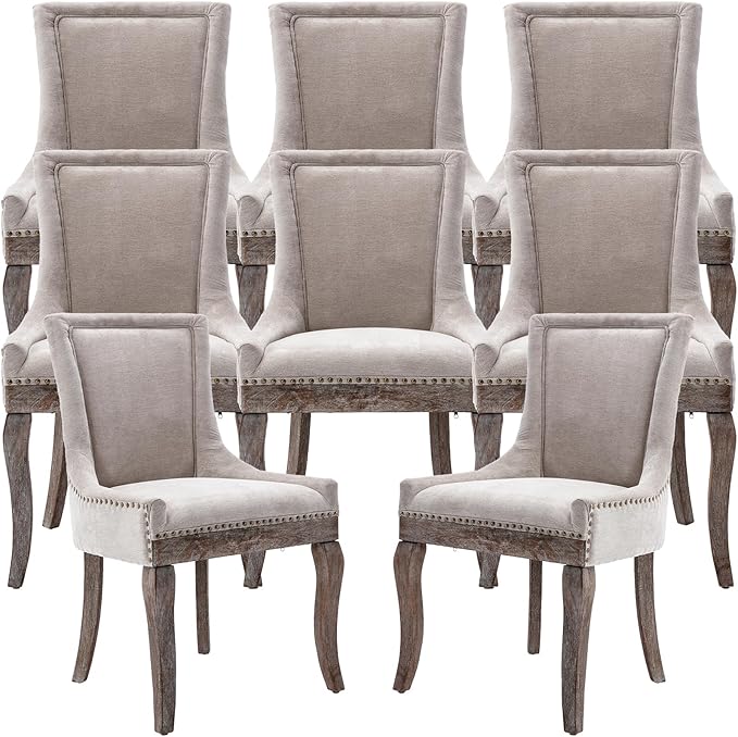 Dining Chairs Set of 8, Kitchen & Dining Room Chairs, Fabric Upholstered Dinning Chairs, Sillas De Comedor, Nailhead Trim, Wood Legs (Beige, 8 Pcs)
