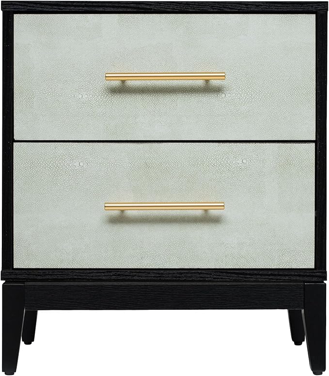 Sango Shagreen 2-Drawer Nightstand, Modern Black Bedside Table with Gray Faux Shagreen Drawer Fronts, Brass Handles, Sturdy Legs, Elegant Storage for Contemporary & Luxury Homes