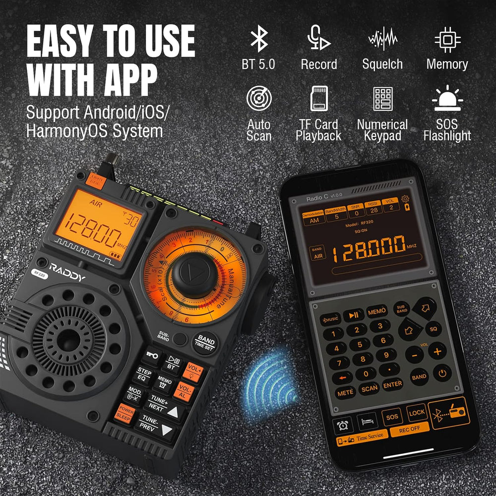 Raddy RF320 App Control Shortwave Radio, All-Band Receiver, Black