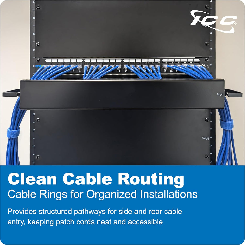 ICC 2U Ring Cable Manager Panel with Cover, Metal, 3" D-Rings, Horizontal and Vertical Cable Management, Rackmount for 19” Network Racks, Black, Single Pack