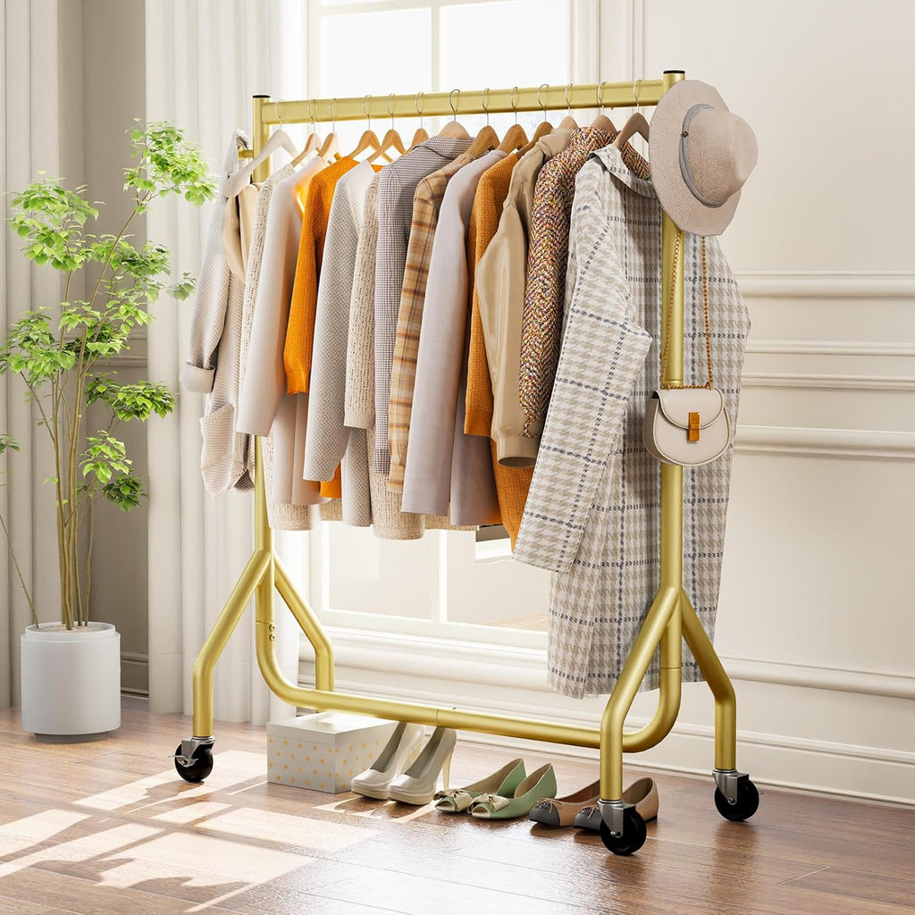 Clothes Clothing Rack, Rolling Heavy Duty Clothes Rack Load 420 LBS With Wheels, Metal Clothes Rack for Hanging Clothes, Portable Standing Clothes Garment Rack,Gold,48 inches