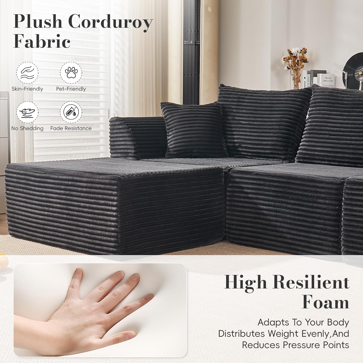130" Modular Sectional Sofa,Modular Cloud Sofa,U-Shaped Cloud Couch with High-Density Foam & Corduroy Fabric,Boneless Couch Deep Seat Couch for Living Room Apartments Bedroom No Assembly Required ﻿