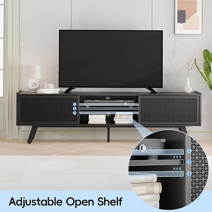 Black Mid Century TV Stand for TVs up to 80" Iron Rattan Entertainment Center with Sliding Door TV Media Console with Adjustable Shelves and 2 Storage Cabinets