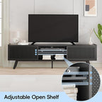 Black Mid Century TV Stand for TVs up to 80" Iron Rattan Entertainment Center with Sliding Door TV Media Console with Adjustable Shelves and 2 Storage Cabinets