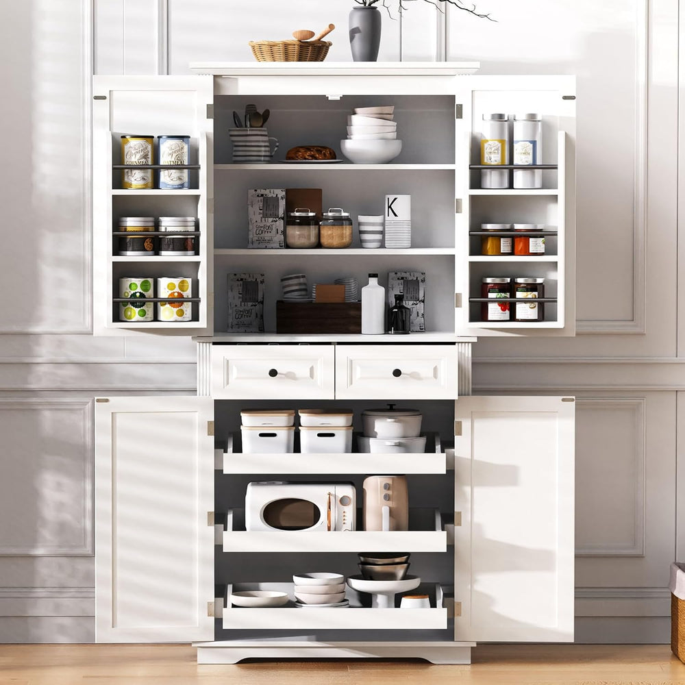 71" Tall Kitchen Pantry Cabinet with 3 Pull Out Cabinet Organizers, Farm...