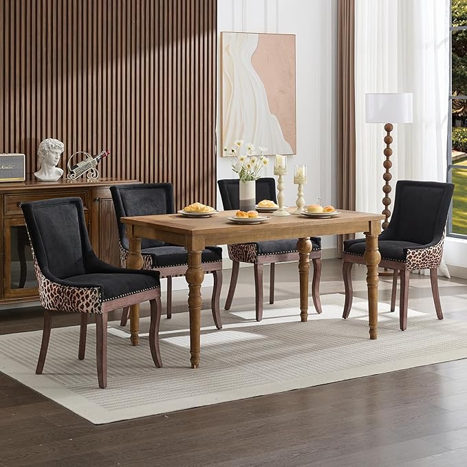 Dining Chairs Set of 4, Kitchen & Dining Room Chairs, Leopord Fabric Upholstered Dinning Chairs, Sillas De Comedor, Nailhead Trim, Wood Legs (Leopord, 4 Pcs)