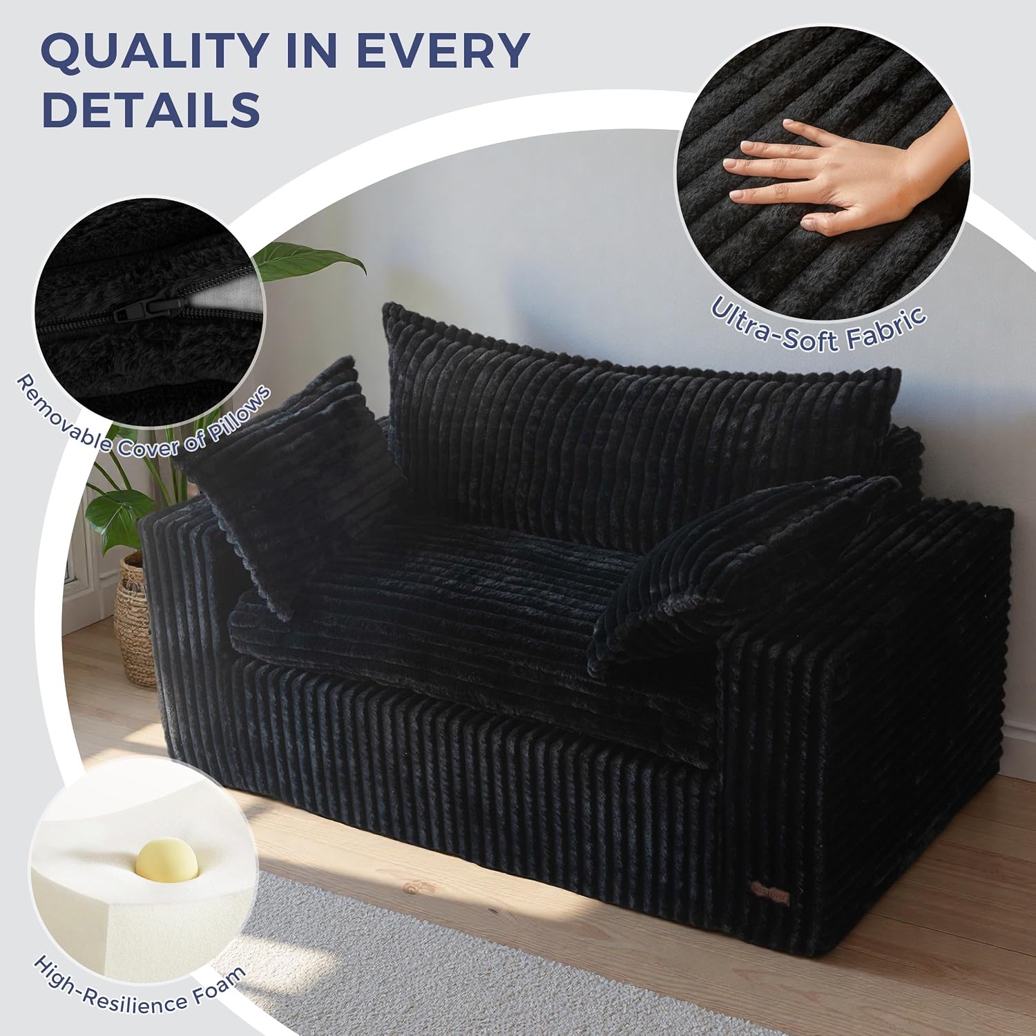 MAXYOYO Boneless Couch, 59-Inch Couch in a Box, Deep Loveseat | Foam-Filled Boneless Loveseat, Deep Seating for Two with No Assembly, Ideal for Living Rooms, Bedrooms or Apartments, Black
